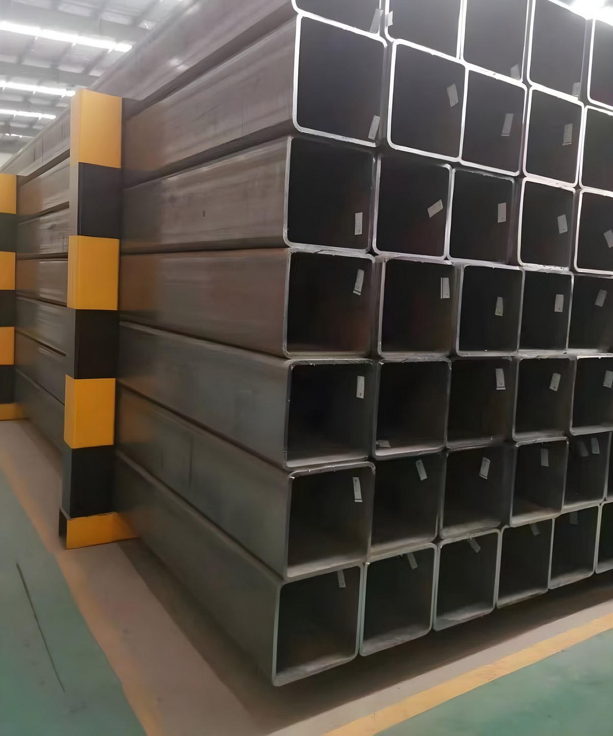 Large-size square steel tubes stacked in the warehouse, ready for shipment