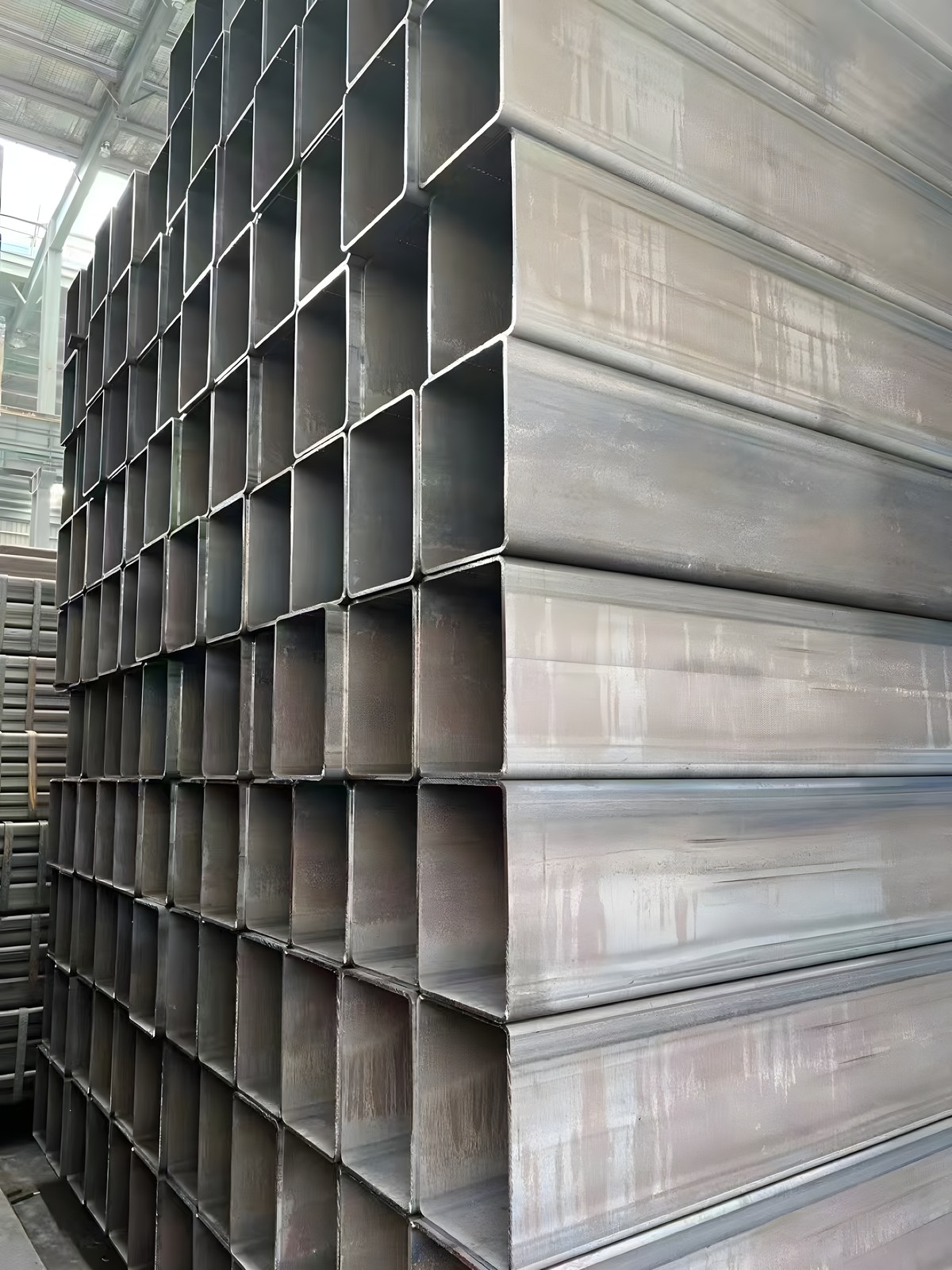 Close-up of large square tube ends showing wall thickness