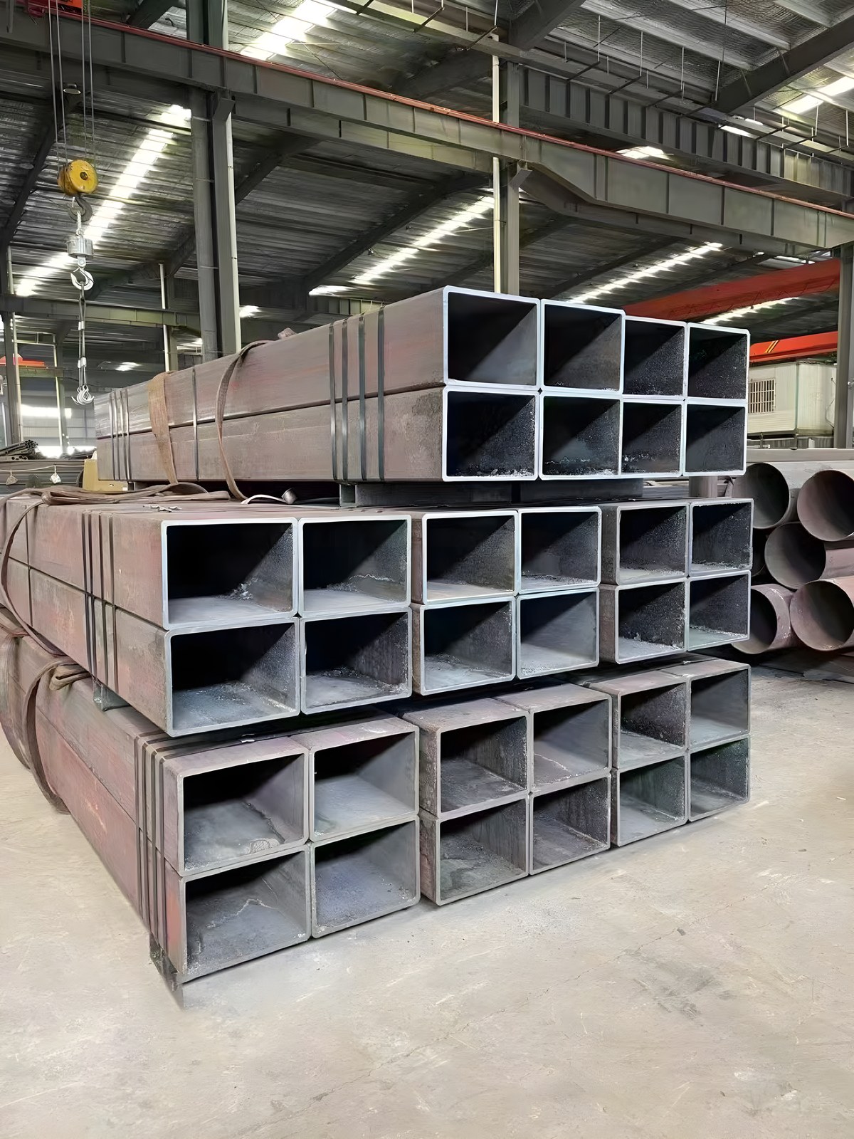 Large square tubes stacked in rows in the finished-goods yard