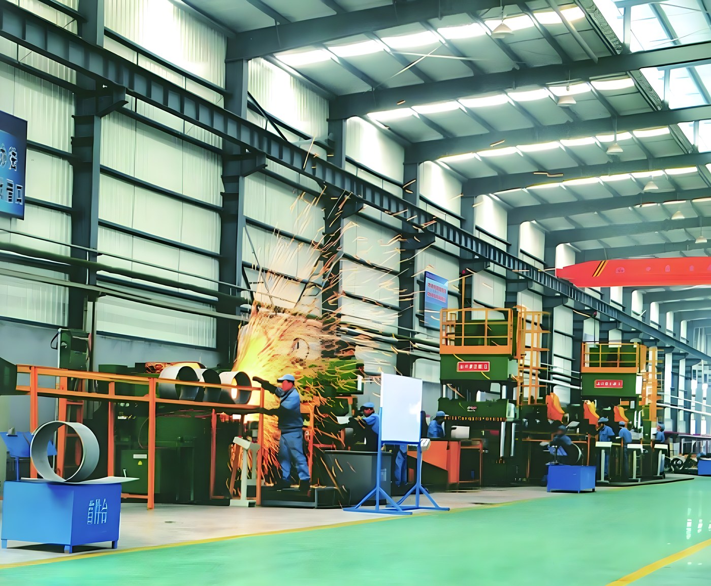 Rim forming line — sparks over the roll-forming cell