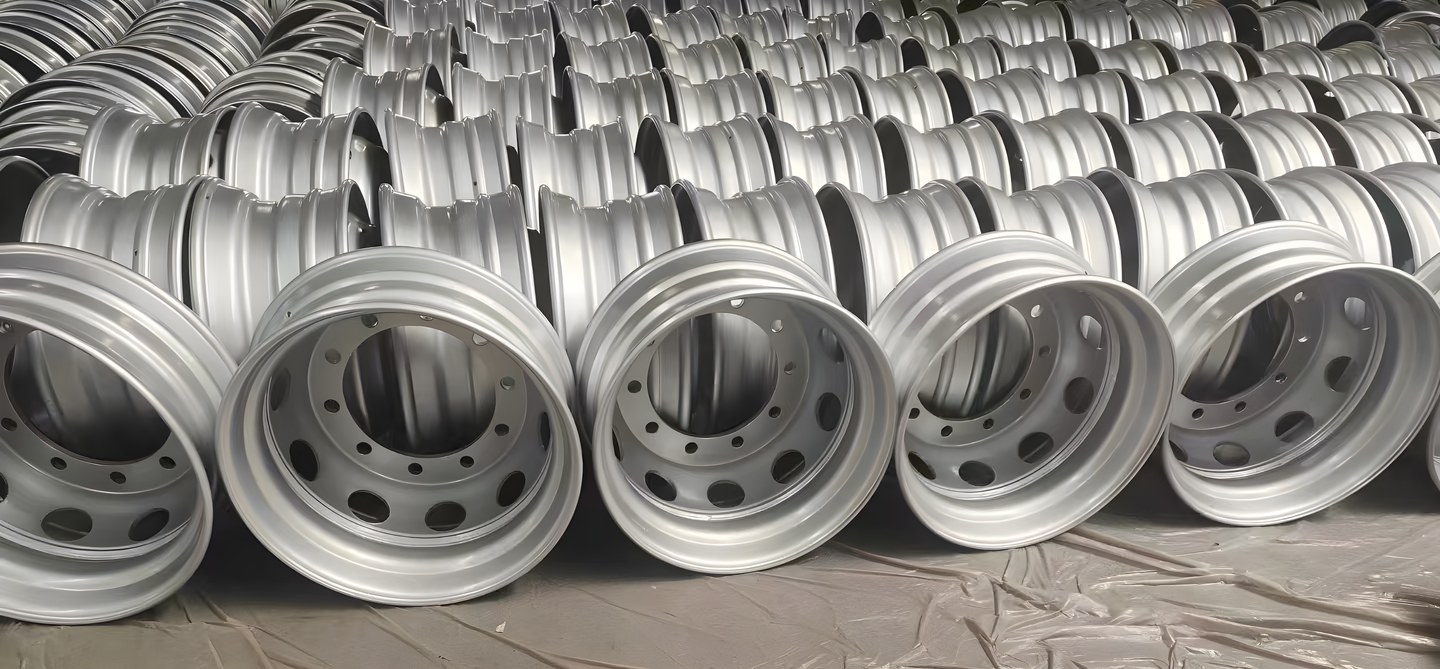Finished truck and bus wheels in storage